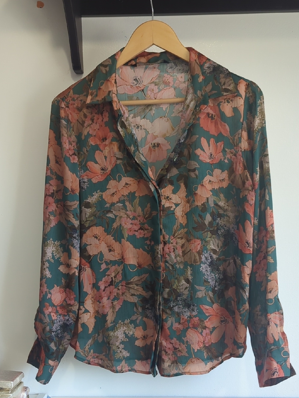 Zara Floral Sheer Button-Front Blouse in Teal and Peach